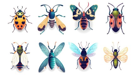 Set of 9 cartoon insect icons, modern and stylized, arranged symmetrically on a white background