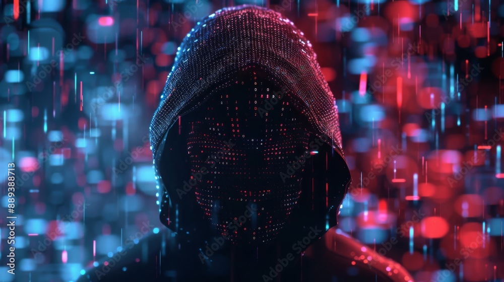 Poster a hooded figure stands in front of a digital rain of blue and red lights. the figure's face is obscu