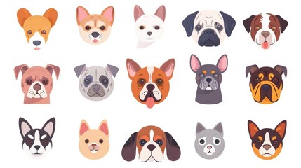 Set of 9 cartoon pet icons, modern and stylized, arranged symmetrically on a white background