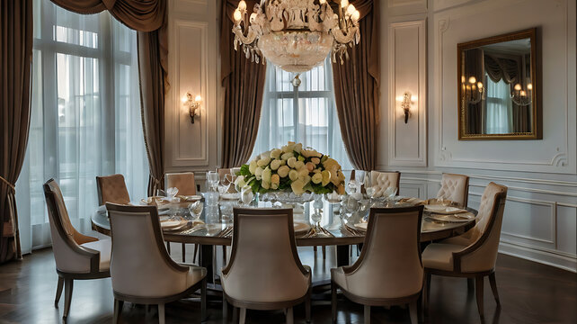 A luxurious dining table set for a formal dinner, with fine china, crystal glasses, and a beautiful centerpiece in an upscale dining room