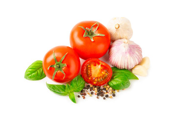 Fresh cherry tomatoes and fresh green basil isolated on white background. Tomato sauce. Vegan. Ingredients for salad. Organic food. Place for text. Copy space.