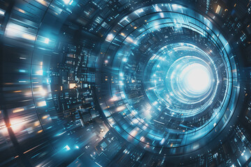 Obraz premium Blue and Silver light, Explore the futuristic vistas of an abstract radial technology city.