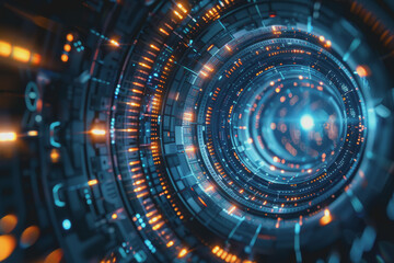Fototapeta premium Blue and Silver light, Explore the futuristic vistas of an abstract radial technology city.