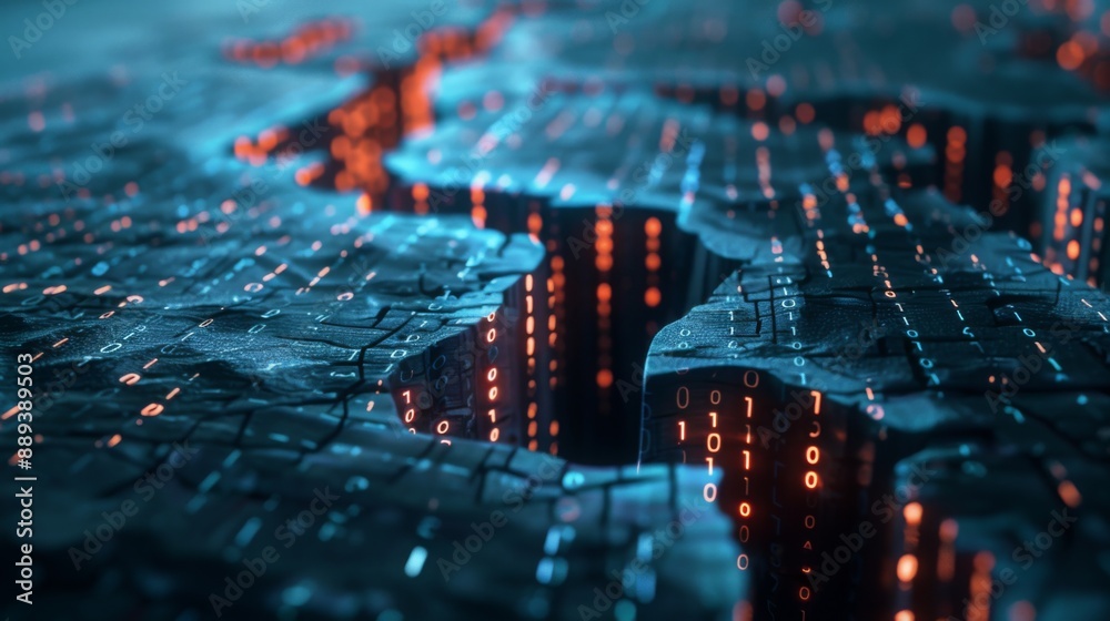 Poster A close-up of a digital landscape with large cracks revealing glowing binary code.