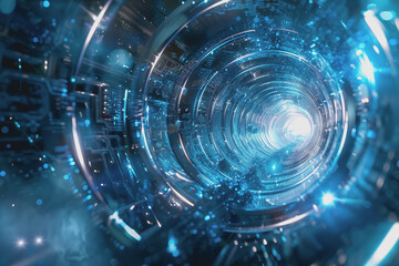 Obraz premium Blue and Silver light, Explore the futuristic vistas of an abstract radial technology city.