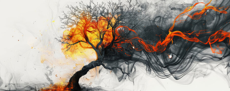 A burning tree with fiery flames and swirling smoke, set against a white background, creating a striking contrast and sense of urgency.