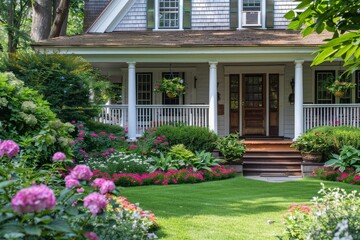 Obraz premium Beautiful front yard of classic New England home with ornamental grass, green hedges, and wooden porch.