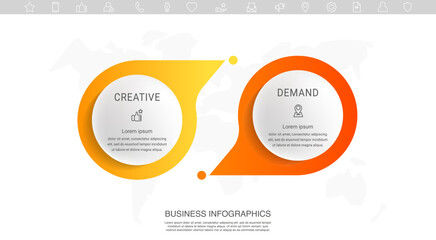 Business vector infographics with two circles and arrows. Timeline visualization with 2 steps for diagram, flowchart, banner, presentations, web, content, levels, chart, graphic