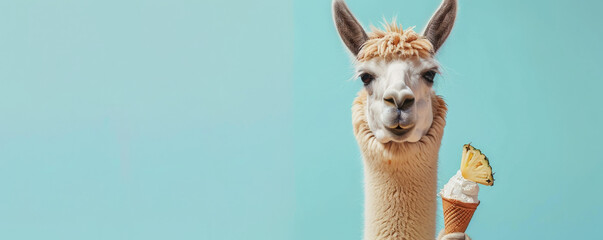 Obraz premium A charming llama holding a coconut and pineapple ice cream cone, sitting against a light blue backdrop. The llama's fur is fluffy, and the ice cream looks tropical.
