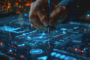 Digital businessman hand drawing growth graphs and financial data with hologram charts.