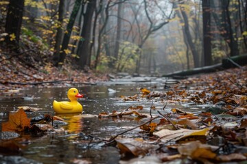Obraz premium A yellow rubber duck floats serenely down a misty stream, surrounded by fallen leaves in an autumnal forest.