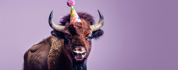 A cheerful bison in a polka-dot birthday party hat, isolated on a purple background, looking strong and friendly.