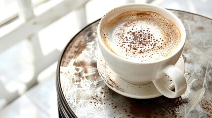 Obraz premium Cozy cup of cappuccino on a rustic table, sprinkled with cocoa powder. Perfect for coffee lovers and warm, relaxing moments.