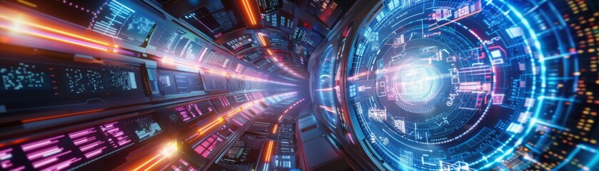 Fototapeta premium Futuristic Hydroelectric Dam: Interactive Holographic Displays and Digital Art Innovation