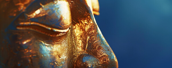 Obraz premium A close-up of a golden Buddha face, highlighting the calm expression and fine craftsmanship, set against a deep blue background.