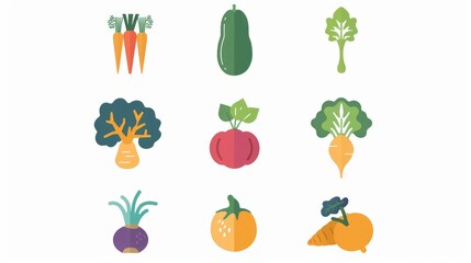 Set of 9 modern vegetable icons, sleek and arranged symmetrically on a white background