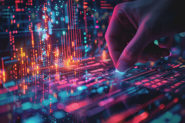 Digital businessman hand drawing growth graphs and financial data with hologram charts.