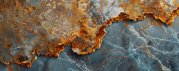 A close-up view of a surface where rust and marble textures meet, with the rust forming intricate patterns over the smooth marble. The combination of organic decay and refined stone adds a unique aged