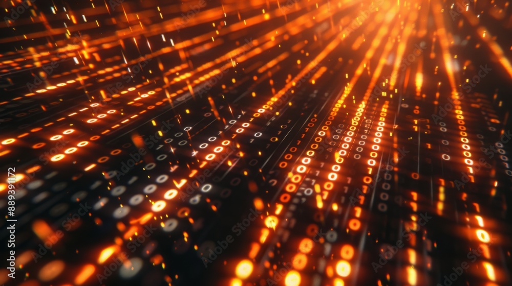 Aufkleber A close-up view of binary code, with orange glowing lines radiating from the center.
