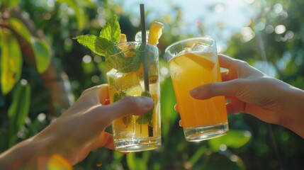 Closeup of two hands clinking cocktails against vibrant beautiful summer nature unrecognizable people drinking non alcoholic