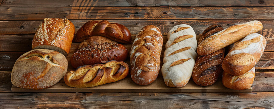 A collection of different types of bread arranged on a rustic wooden table. The assortment includes baguettes, loaves, and rolls, each piece highlighting its unique texture and crust.