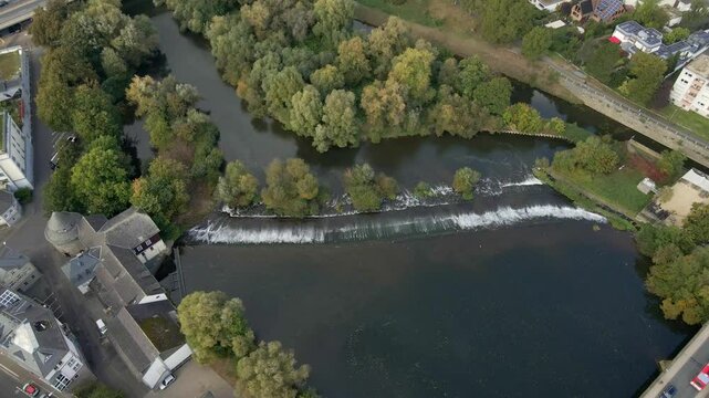Aerial view of autumn bridge over Lahn river, Limburg an der Lahn, Germany.