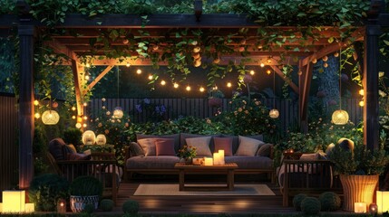 Garden patio with vine covered pergola and hanging lights over sofa and table. generative ai