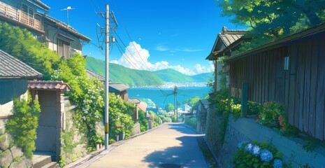 A neighborhood in rural Japan, outdoor streets with houses, green and nature scenery, scenic view, anime artwork