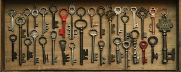 A collection of different types of keys displayed in a shadow box frame. Each key showcases its unique design, color, and texture, creating a visually appealing display.