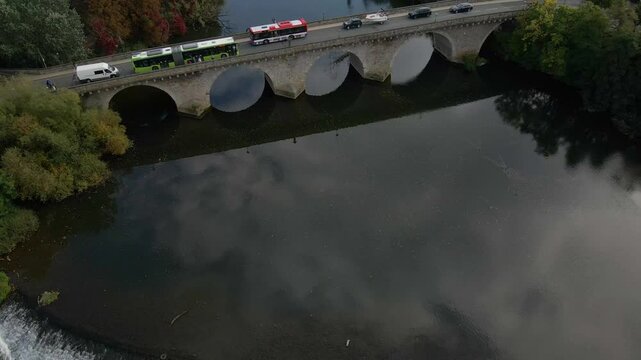 Aerial view of historic Limburg an der Lahn with castle, cathedral, and autumn foliage, Hesse, Germany.