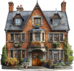 Naklejka premium Vintage D Rendering of a Red Brick Victorian House with Wooden Shingles and Windows