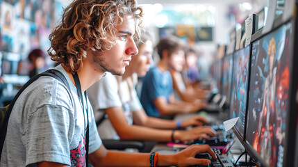 Hyper-realistic image of a digital art class with students working on graphic tablets and computers, creating digital illustrations and designs in a modern and tech-equipped studio, style by 