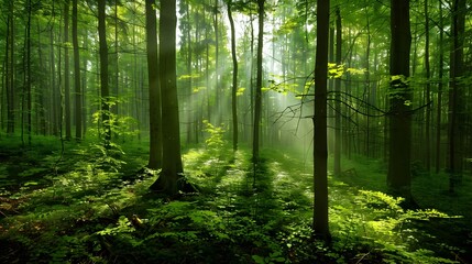 Obraz premium Enchanting Verdant Forest Bathed in Warm Sunlight Rays
