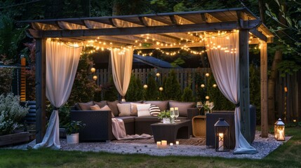 Fototapeta premium Garden patio with vine covered pergola and hanging lights over sofa and table. generative ai