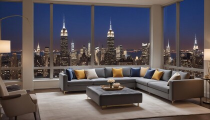 Naklejka premium Luxury lounge in an apartment with a large window, capturing the elegance of the royal palace and city hall in the background created with generative ai.