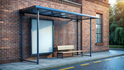 Urban bus stop shelter with bench for waiting passengers and a blank white screen for advertisements and promotions 