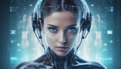 futuristic android woman with advanced technology data overlay , with digital binary data and beam lights. The concept for futuristic technology created with generative ai.