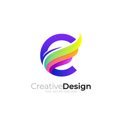 Wing logo design colorful, Letter E design vector, 3d style