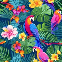 Obraz premium Vibrant scarlet macaw parrots perched among lush tropical leaves and hibiscus flowers in a seamless pattern illustration.