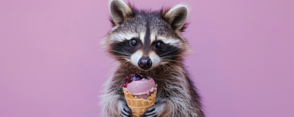 Obraz premium A cute raccoon holding a peanut butter and jelly ice cream cone, sitting against a pastel purple backdrop. The raccoon's fur is fluffy, and the ice cream looks fun.