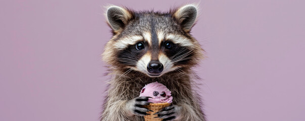 Obraz premium A cute raccoon holding a peanut butter and jelly ice cream cone, sitting against a pastel purple backdrop. The raccoon's fur is fluffy, and the ice cream looks fun.