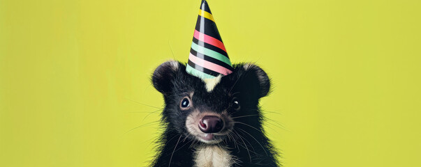 A cute skunk in a striped birthday party hat, against a lime green background, looking mischievous and cute.