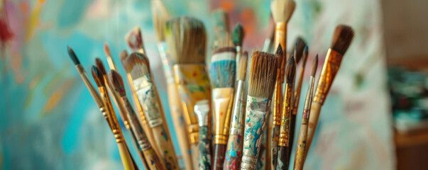 Fototapeta premium A diverse collection of different paintbrushes displayed in a jar on an artist's table. The brushes vary in size, shape, and bristle type, each one showcasing its unique purpose and use.