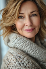 Close-up portrait of beautiful and confident middle-aged woman. Natural beauty without heavy makeup. Preservation of youth. Life style.