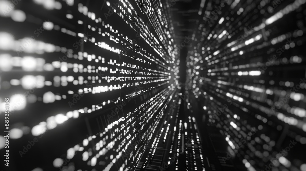 Poster A black and white abstract image of a tunnel with glowing binary code lines receding into the distance.