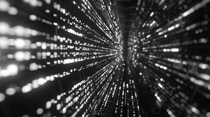 A black and white abstract image of a tunnel with glowing binary code lines receding into the distance.