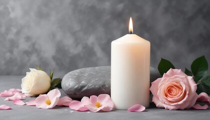 White candle with a rose and flower petals on grey stone panoramic background with copy space, funeral services web banner, illustration created with generative ai.