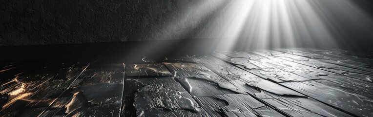 A dark wooden floor with light rays and mist emanating from an unseen source