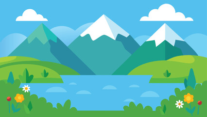 Landscape. Mountain lake landscape vector illustration. Cartoon flat panorama of spring summer beautiful nature, green grasslands meadow with flowers, forest, scenic blue lake and mountains