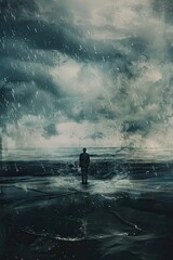 Obraz premium Embracing Sorrow: Person in Profound Sadness Amid Stormy Seascape, Tears Flowing to Ocean